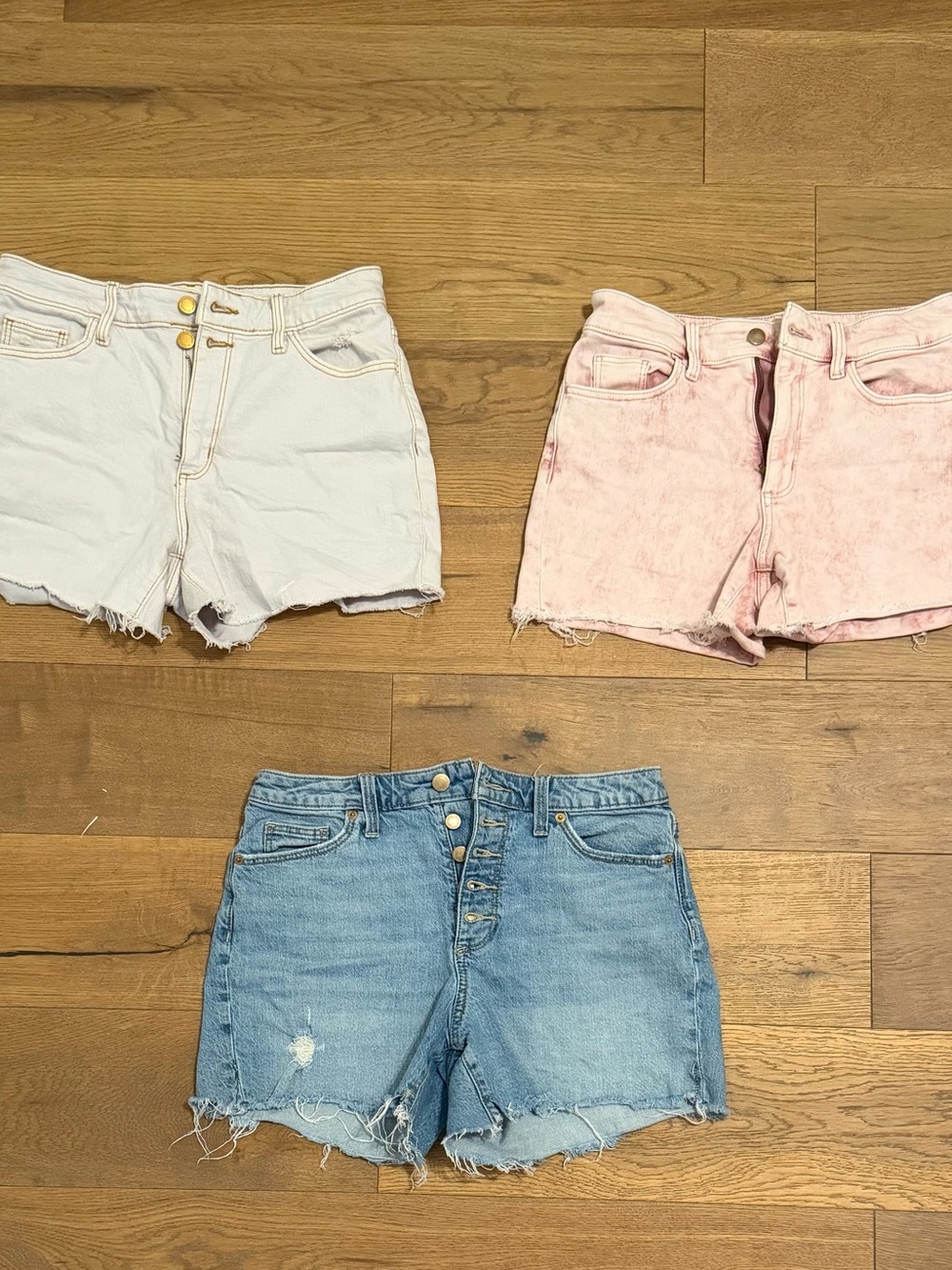 Women's High-Rise Distressed Denim Shorts - Light Blue, Light Pink, Blue